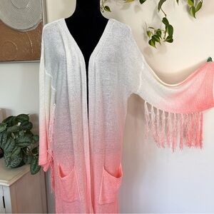 Hayden Coral Ombre Open Front Long Cardigan Duster Fringe Sleeves Women’s Sz XL